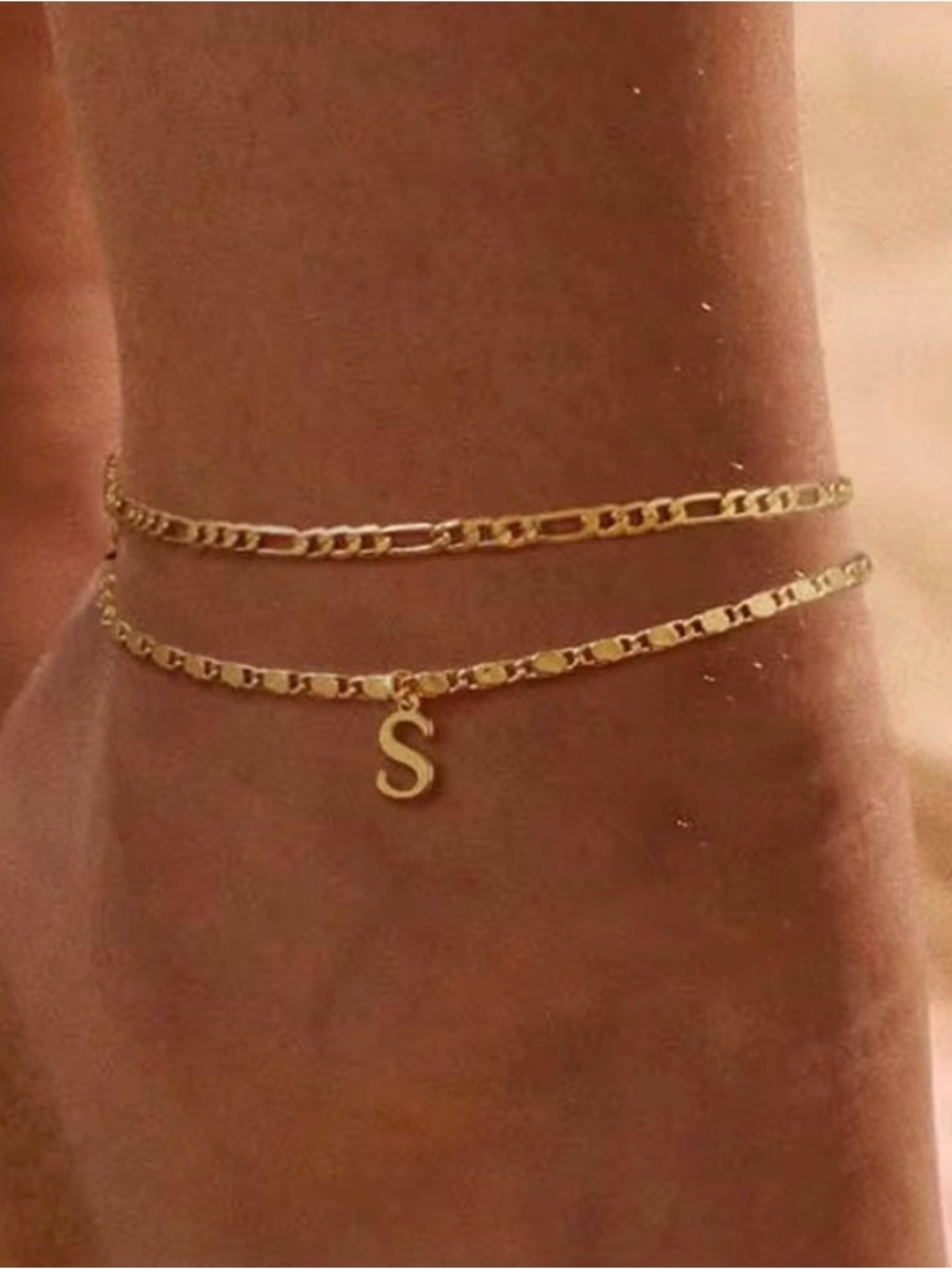 Gold Initial 'S' Double Chain Anklet - Elegant Women Jewelry